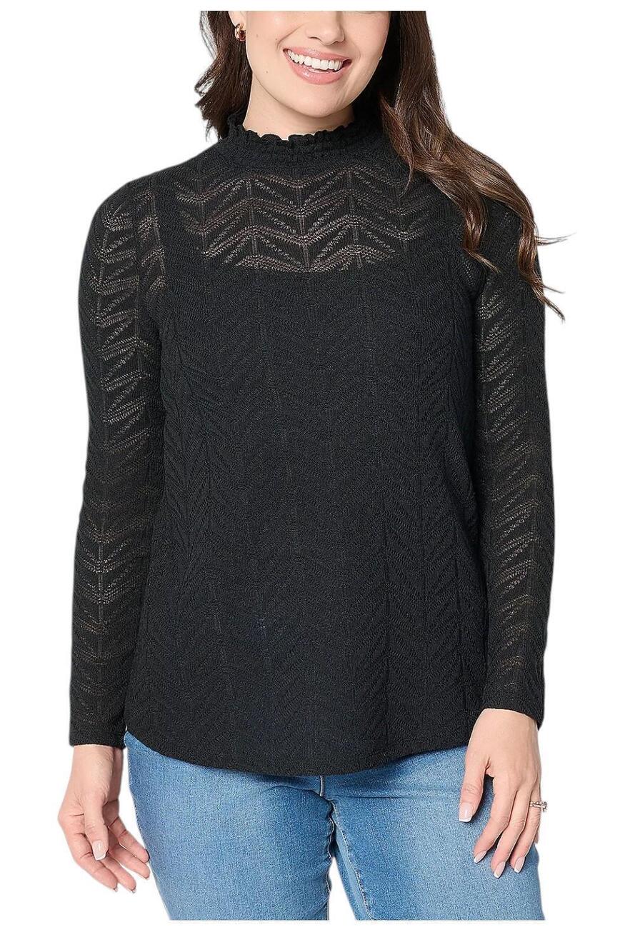 LOGO by Lori Goldstein Women's Textured Long Slv Mock Neck Top Black - Regular